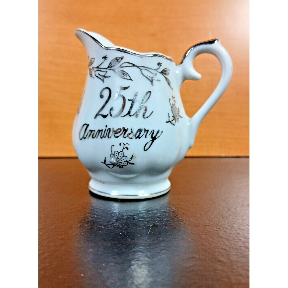 Vintage 25th Anniversary Creamer Pitcher Porcelain Silver White Floral Vine
